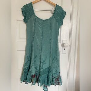 Vintage Boho Hippie Short Sleeve Teal Summer Dress